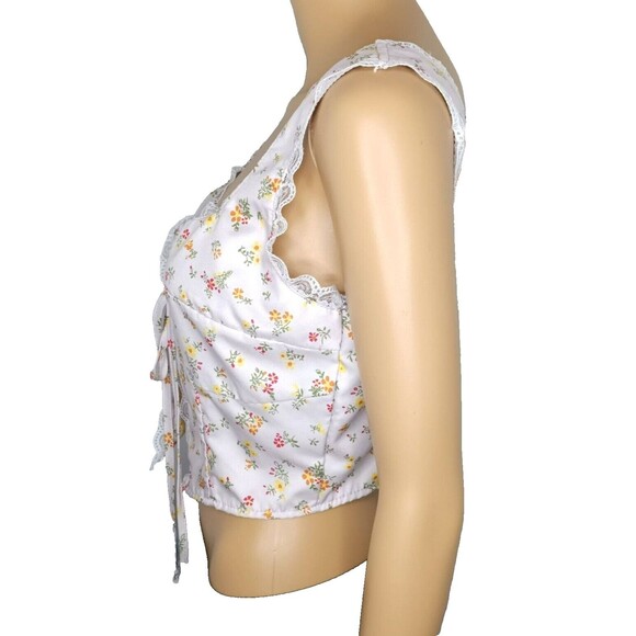 Sexy Crop Top Cotton Blend Women's Small Tie Front String Boho Floral Lace Trim - Picture 3 of 7